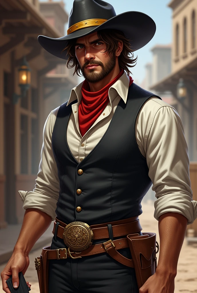 man, brown skin, chestnut hair, 
He has a long messy hairstyle,  with a white streak in his hair,
brown eyes, and a short, well-groomed beard. 
He has a normal physique, wears a black cowboy hat with a yellow band on it., 
He wears a black vest over a rolled-up white dress shirt, a red scarf around his neck, pants with a buckle, and boots with spurs. He is cheerful and well-liked, and he carries two decks of cards with him I would like it to be in a mature style, with the art in a fantasy and RPG style set in the Old West. in 1857
