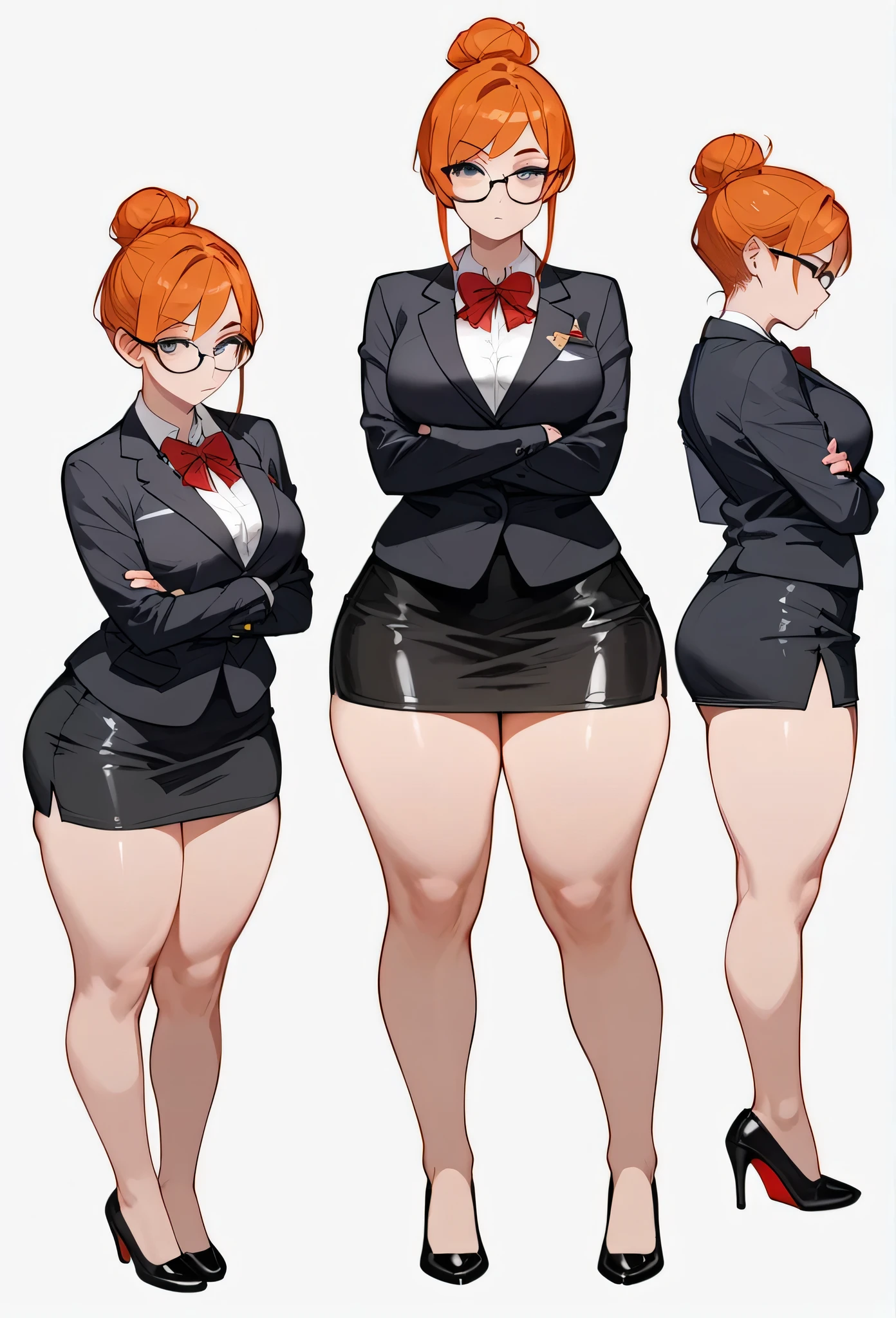 pale adult woman, big breasts, very thick thighs, massive thighs, Wide hips, short ginger hair in a sleek bun, Glasses, fitted black jacket, tight black pencil skirt, black pencil skirt hem to mid-thigh, thick thighs pressed together, very thick legs, thick calves, wearing black heels, boring expression, strict teacher, Looking forward, she is standing, legs and feet in the photo, crossing his arms under his chest, serious face, eyebrow raised, full body shown, voluptuous, detailed face, 8K quality, toes pointing inward, full body shown, staring, rear shot