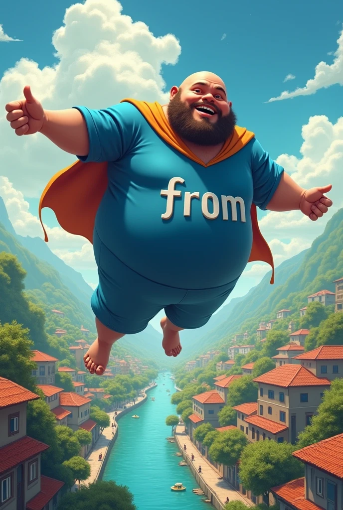 Create the image of a riverside hero of approximately 40 years old, with a big belly, blue dress written "FROM", bald and with a very short beard, flying over the city of Una in Bahia