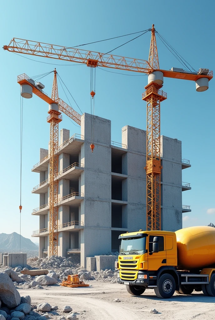 A real construction site which is halfway made real building, with a blue sky background , a concrete crane in the site, a concrete truck container on the site, the whole should be a real image.