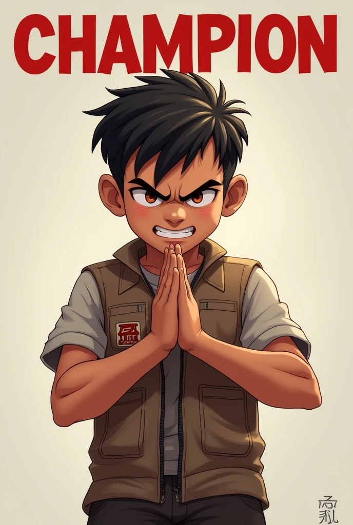 Create a boy with an angry face with his hands in a praying style and the word champion above his head