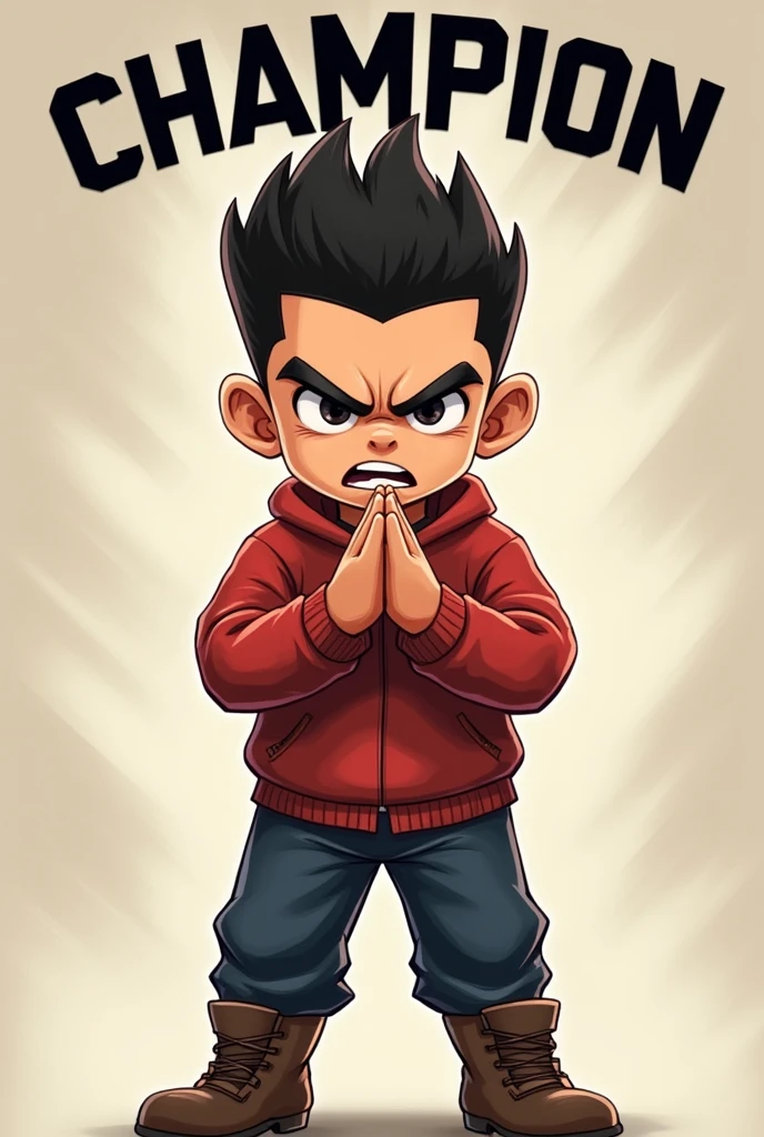 Create a boy with an angry face with his hands in a praying style and the word champion above his head