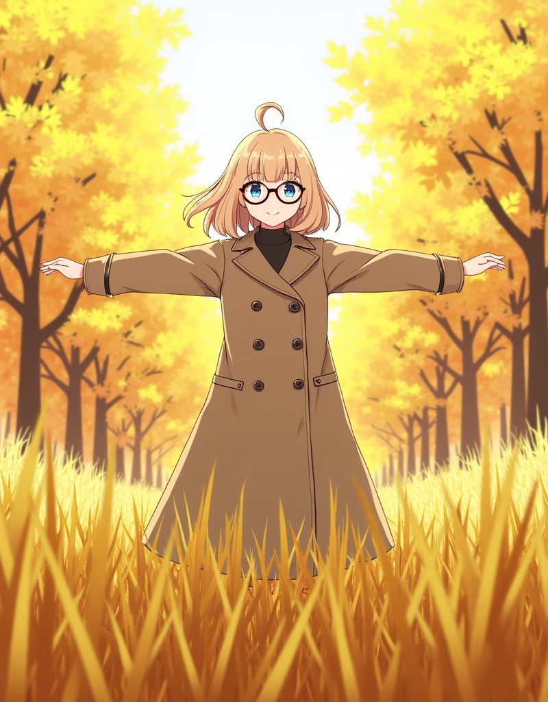 1 anime girl with arms outstretched in a field of tall grass，Wearing black-framed glasses，甜美cute温柔，Wear a trench coat，Maple Leaf Background，maple，autumn，Maple Forest Trail，Warm background，detail，Light，panoramic，whole body，detail满分，by Yang J，cute，Guvitz，Guvitz风格的艺术作品，Ayaka Genshin Impact，Kawacy，Keqing from Genshin Impact，beautiful anime artwork，Popular on ArtStation Pixiv