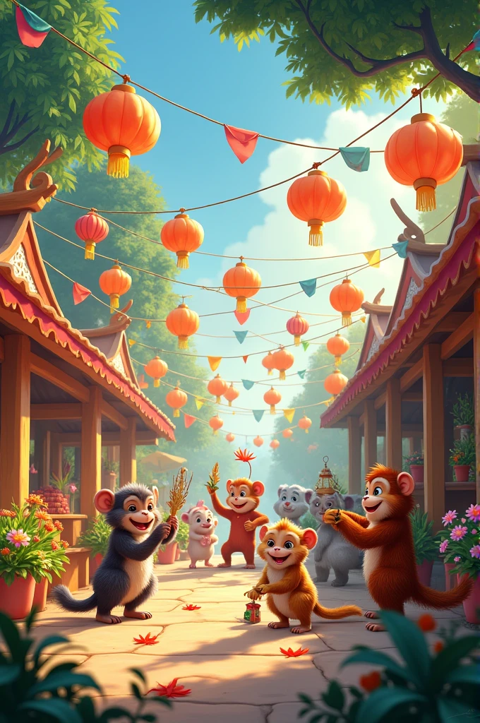 A group of animals helping to decorate the festival area.**