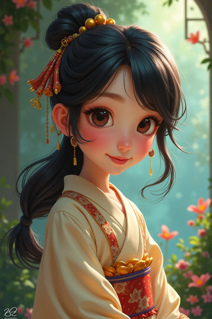 A disney inspired character with half Japanese-half german 1 girl with white hair strands in her front hair