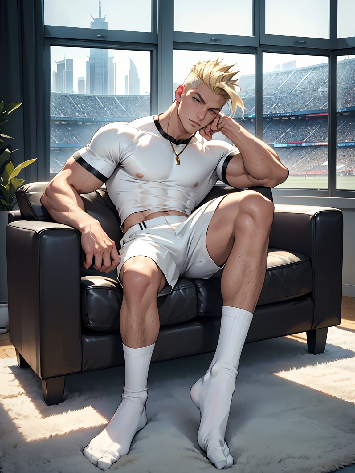 full body view white male fitness blond model blond guy with stylish undercut haircut, chiseled jaw , in white leather shorts, in long white socks , no shoes, golden rings, comfortably sitting on couch, showing off his white socks, watching football match on TV, in The most luxurious modern apartments in Dubai with large windows on Dubai