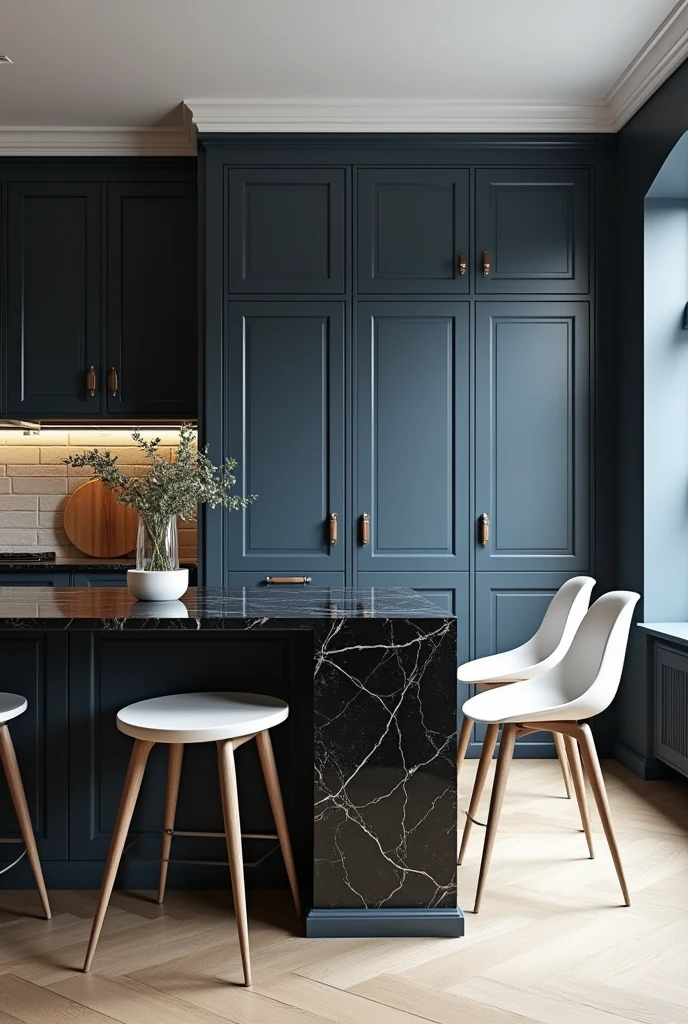 Professional 3d architecture rendering design of modern kitchen with So dark blue vintage and dark gray and white modern white French design chairs shiny black marble island island