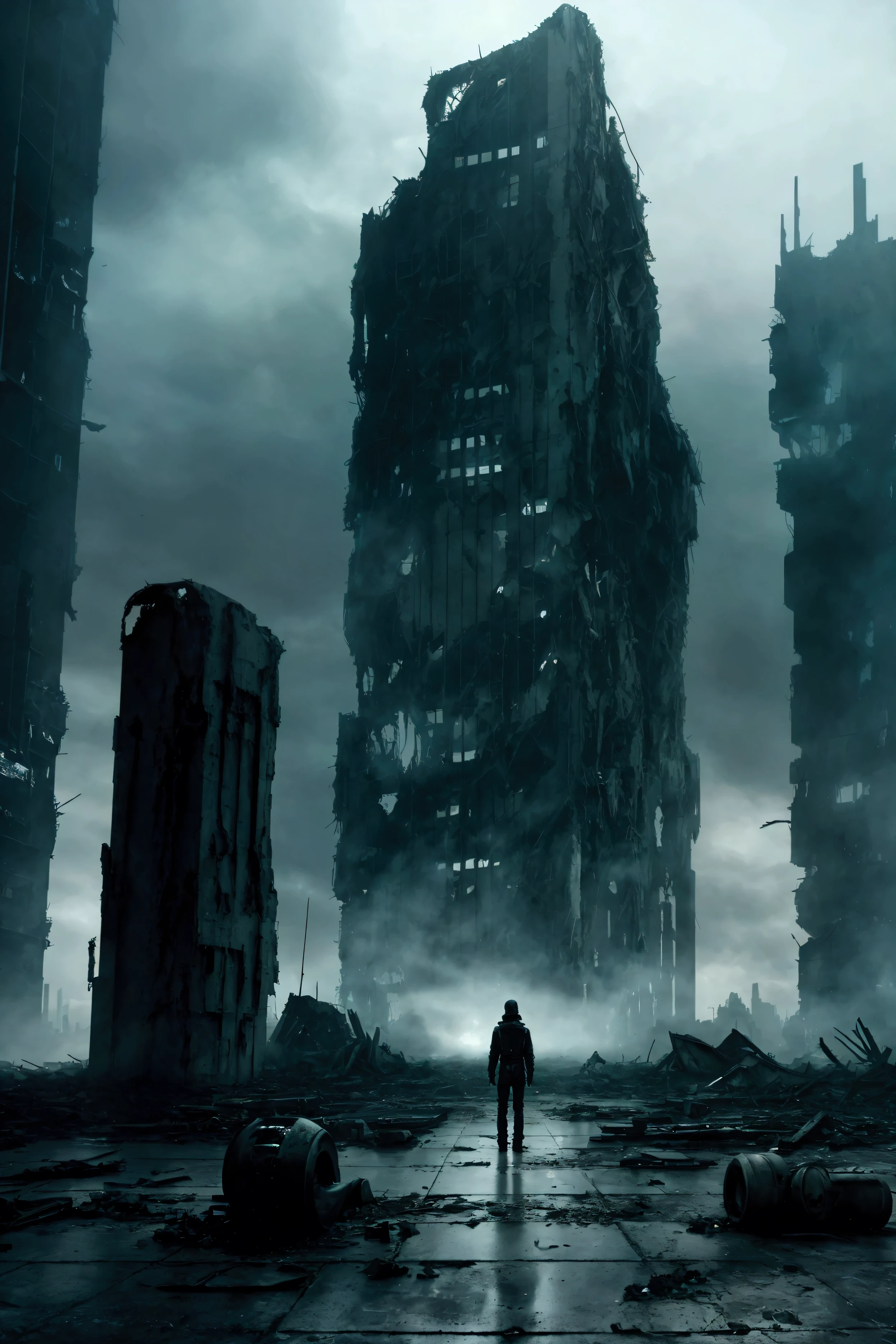 An ultra-realistic depiction of a devastated, ultrafuturistic cityscape in ruins, bathed in dark, muted green and black hues reminiscent of 'Matrix'. The scene should feature a vast, desolate landscape filled with towering, crumbling skyscrapers and massive, eerie debris—remnants of a cataclysmic war between machines and humans. The atmosphere is thick with a cold, oppressive silence, evoking deep feelings of emptiness, solitude, and despair, embodying the essence of 'Midnight Oblivion'. The sky is clouded, with faint beams of light piercing through, barely illuminating the desolate ruins below. Subtle elements of digital decay and glitches flicker across the scene, enhancing the sense of a reality on the brink of collapse.