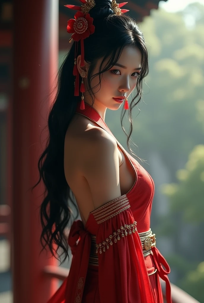 samurai woman, ((masterpiece, highest quality, Highest image quality, High resolution, Raw photo, 8K)), ((Extremely detailed CG unified 8k wallpaper)), (huge stunning goddess shot, very hot and sexy, full body, jaw-dropping beauty, perfect proportions, beautiful body, slim body beauty:1.4), black hair, shy, black hair, nervous, wearing a revealing dress, Posing for the camera, whole body in the camera, photorealistic, from outside, 16k, 8k, 4K, award winning