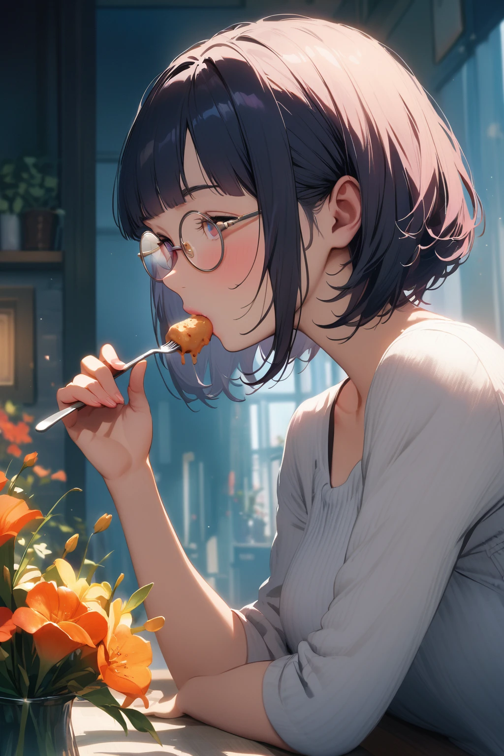 (extremely detailed fine touch:1.3), Vibrant colors, Soft tones, With warm and gentle lighting, girl, solo, (((silver semi-rimless round eyewear:1.3))),short hair, blunt bangs, profile, eating food,sucking fork, pink lips, vase with flowers,