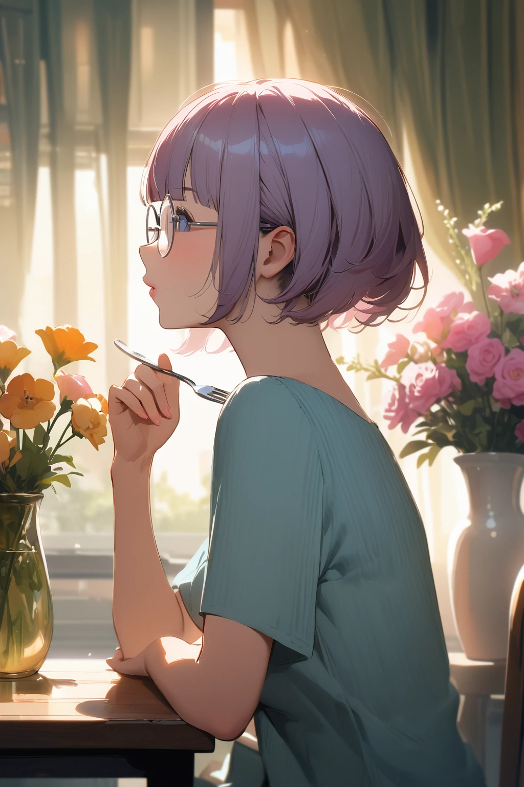 (extremely detailed fine touch:1.3), Vibrant colors, Soft tones, With warm and gentle lighting, girl, solo, (((silver semi-rimless round eyewear:1.3))),short hair, blunt bangs, profile, eating food,sucking fork, pink lips, vase with flowers, 