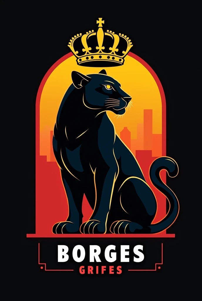 Logo for the clothing store written Borges grifes with a panther in front and a minimalist crown in black, red and yellow
