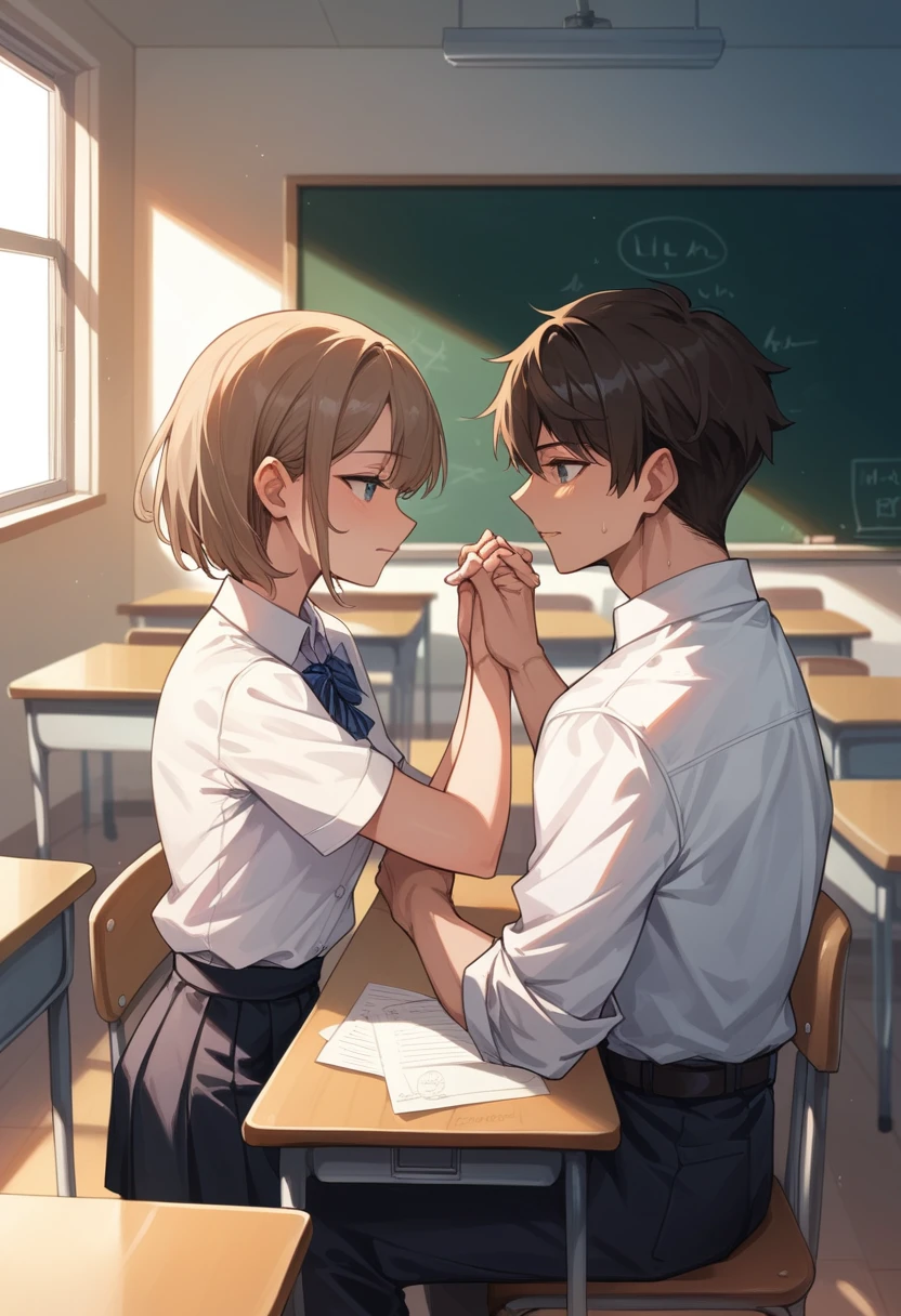 masterpiece, Highest quality, High resolution, Boy and girl student,、innocently holding hands infront of blackboard inside a classroom