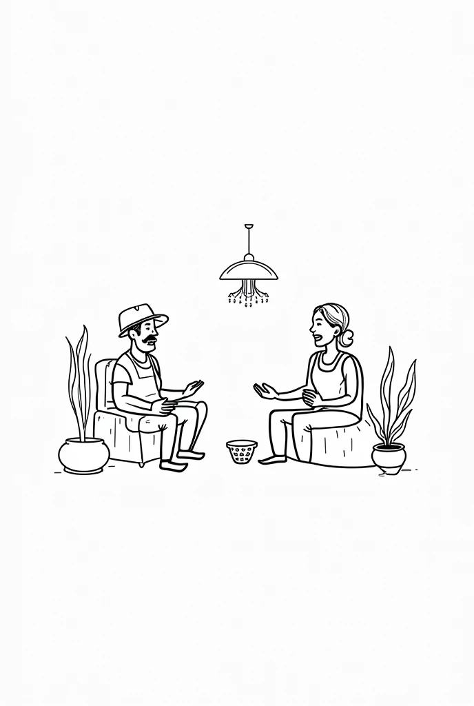 Create a black and white drawing type image ,that doesn't look realistic , about a farmer and his wife sitting in the living room of their house , as if they were having a conversation. the mouth to the man and the woman as if they were talking