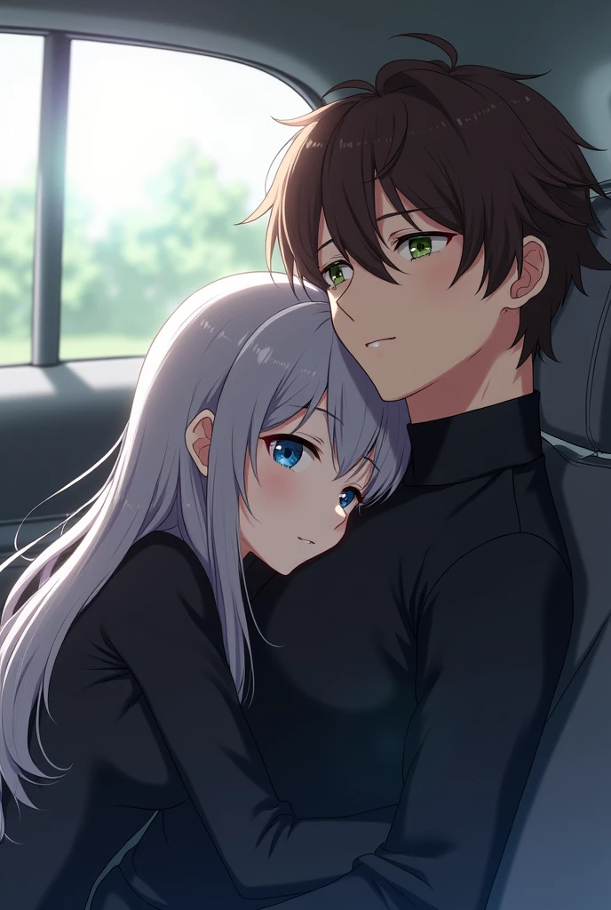 A 1 anime girl with long gray hair and blue eyes in black clothes is sitting in a car sleeping and resting her head on the chest of a 2 young man with brown hair and green eyes and sharp and serious features.