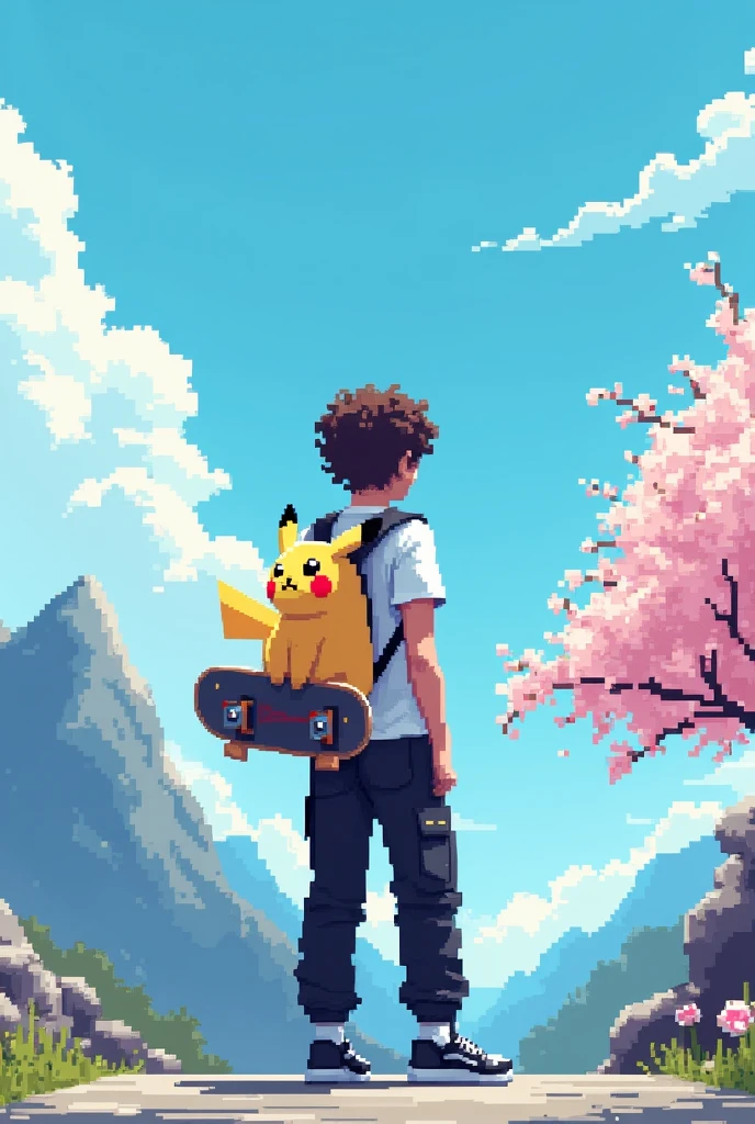 YouTube channel banner,theme pixelated blue sky with clouds,and a guy with curly hair,black cargo pants,white t shirt with a ganger Pokemon backpack.angle is the character in middle photo taken from back side and about 8feet away,more back and a little higher altitude make the angle more back and a Pikachu backpack make it more farr make the character straight and make the image atleast 20 feet away make the backpack a little small and expand the image with a mountain with some snow on top on the left side and a blossom tree at right side make it pixelated and a Pikachu backpack and black Jordan shoes,shoes is solid black make the Pikachu smiling and more cute and he has a skateboard in his left hand,make the skateboard matching to the environment make the image straight and pixelated and a little far back remove skateboard and make backpack a little small and make the image in 16:9 ratio make the character straight and the whole backpack is Pikachu theme make the image pixelated and hair curly and the character straight and about 20 feet away from the backside make the character face straight and the photo is taken from backside make him tall and no skateboard same image just a little back and remove backpack no backpack make it pixelated and remove the Pikachu backpack more back and make the character straight and tall about 20 feet away
Pixelated pixel and the boyis facing front side
No make the boy face front side and the image is taken from 20 feet away backside and a little higher altitude
Don't make him face side ways
A little higher
Not sideways straight just straight
He is facing front side
Another one with a blossom tree on right side he is facing backside