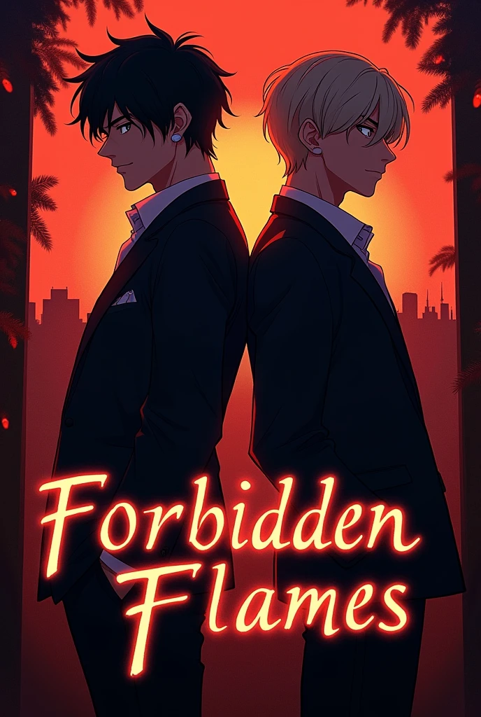 The cover features two male characters standing back-to-back, with their faces slightly turned toward each other, locked in an intense gaze. One has tousled, dark hair and piercing eyes, while the other has lighter, neatly styled hair and a confident expression. The background is a blend of fiery reds and deep blacks, with subtle flames framing the characters and a faint Tokyo cityscape glowing in the distance. The characters wear modern, stylish outfits—a dark suit for one and a casual, artistic look for the other. The title, *Forbidden Flames*, is written in bold, elegant typography at the bottom, with a subtle glow effect, giving the cover a dramatic and mysterious vibe that captures the essence of a passionate, forbidden love.