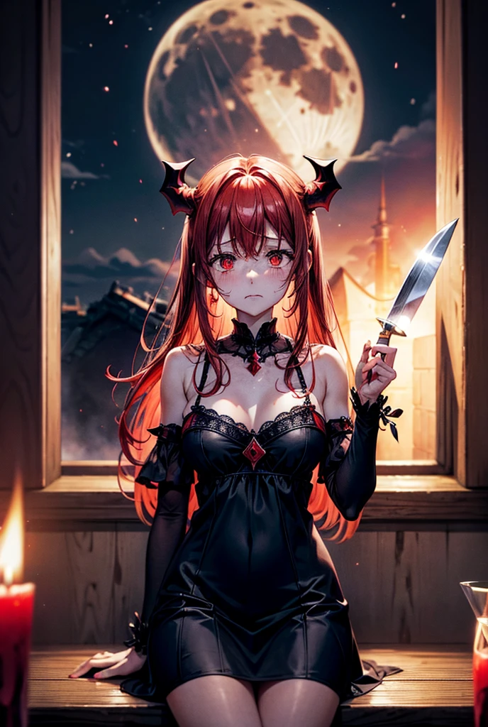 Satanic、despair、Devastation、natural disaster、middle ages、Red full moon、Woman Crying、Knife in one hand、A sad expression、Fluffy camisole、Fantasy、plunge a knife into one's own neck