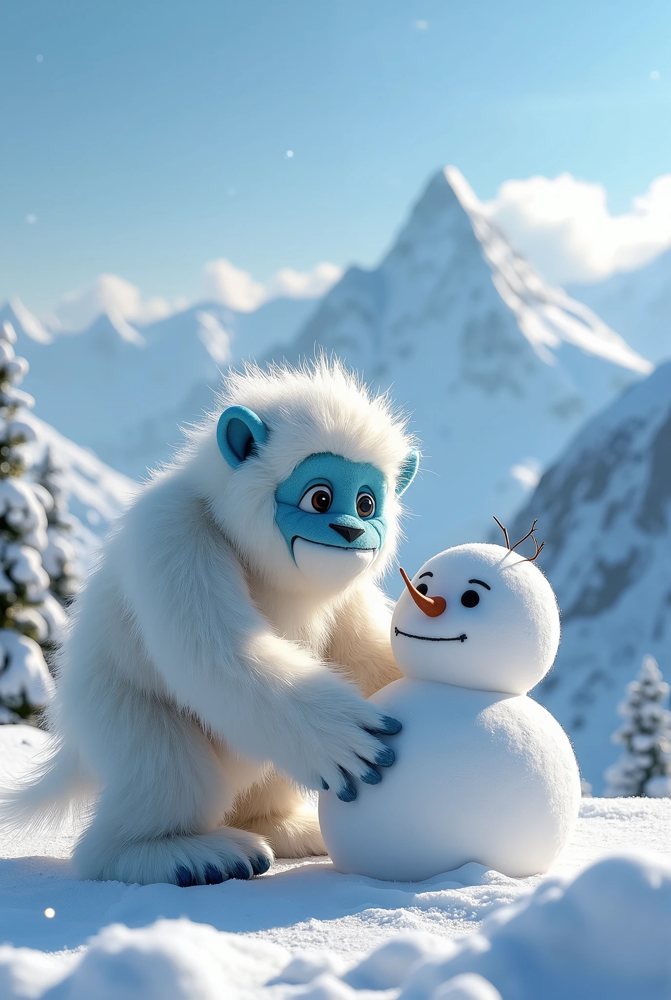 felt material、Highest quality、Supremely detailed、8k、Snow Mountain、Yeti building a snowman、cute yeti、Snow Scene、(Diamond dust)