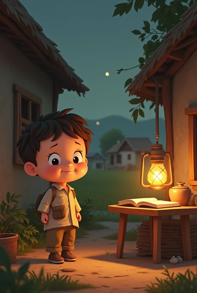 A cartoon baby returning from school, helping his mother with chores and his father in the fields. At night, he sits at a small wooden table under a dim lantern, focusing on his schoolwork with determination.