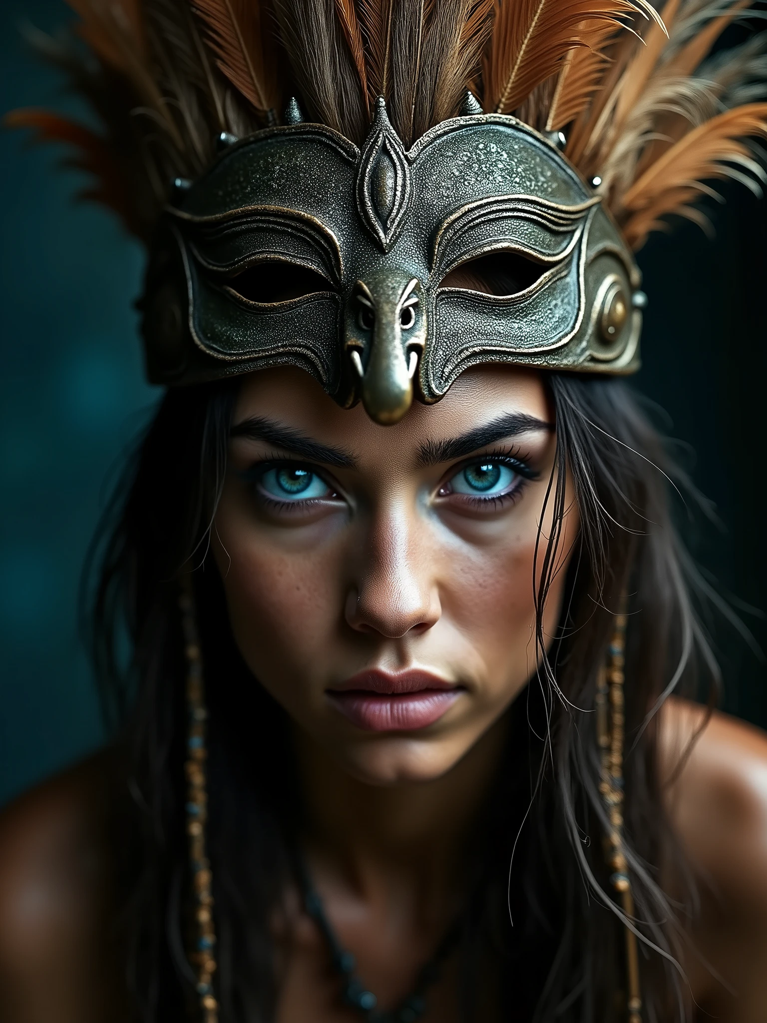 In a captivating, tribal scene, a fierce woman gazes intensely through a beautifully crafted mask, adorned with feathers and intricate designs. Her blue eyes shine brightly, contrasting with her earthy makeup. The background is dark and moody, enhancing the focus on her expression and the mask's details. The image is captured with a Sony A7 III, using a 35mm lens at f/2.0, with a white balance set to 5800K. The depth of field is shallow, blurring the background while keeping her in sharp focus. The composition is asymmetrical, drawing the viewer's eye to the mask and her fierce gaze. This scene embodies the essence of epic realism and cinematic lighting, reminiscent of the works of Dmitriy Vavilov and John Wilhelm.