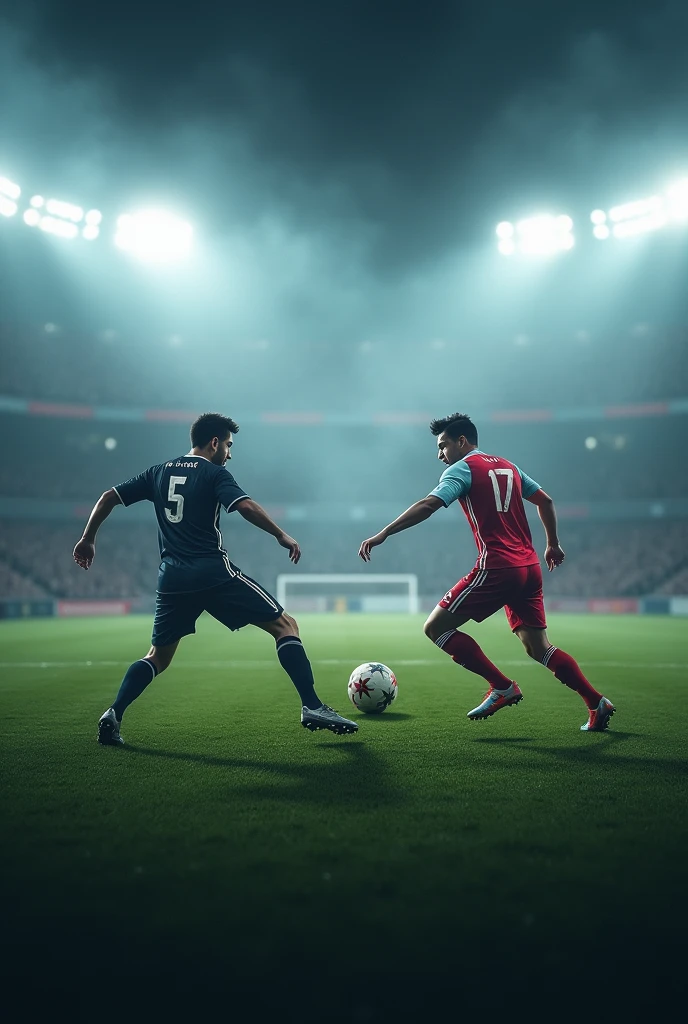 Ronaldo kicks football to messi in front of football manager in football stadium at night in fog