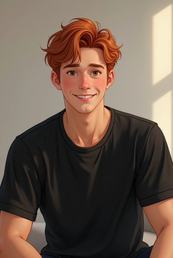 Young, red-haired man with short hair and hazel eyes. Friendly smile, white complexion and usually dresses in black, relaxed look and quite attractive, more like an Englishman.