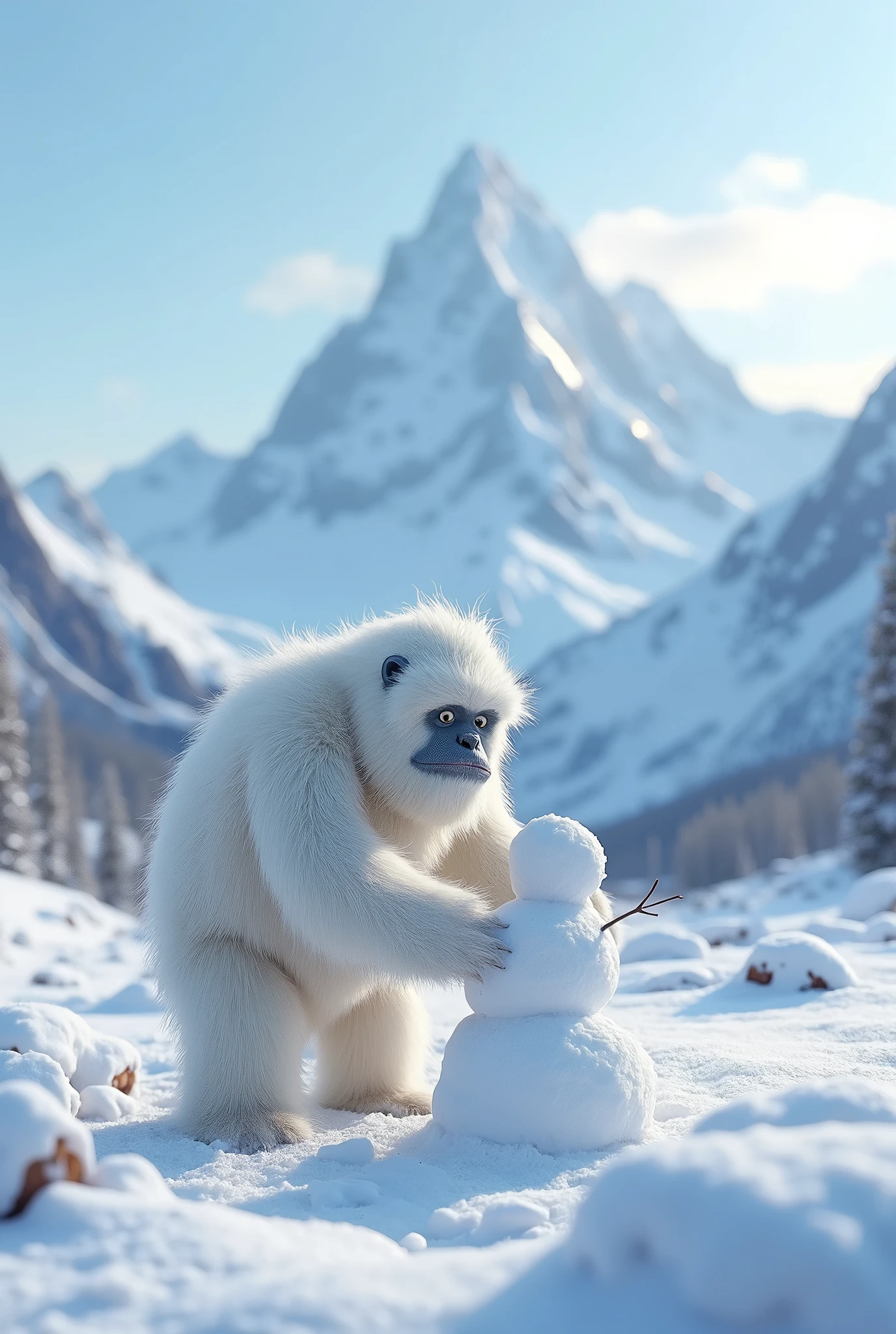 felt material、Highest quality、Supremely detailed、8k、Snow Mountain、Yeti building a snowman、cute yeti、Snow Scene