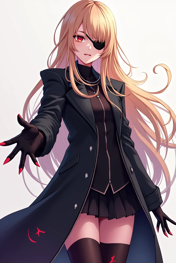 a cartoon image of a woman in boots, vector art by Ei-Q, pixiv, shin hanga, full_body!!, !!full body portrait!!, full body!!, anime moe artstyle, gapmoe yandere grimdark, full body!, anime vtuber full body model beige hair with an eyepatch black coat with front zipper closed, long hair He is extending his left hand forward.