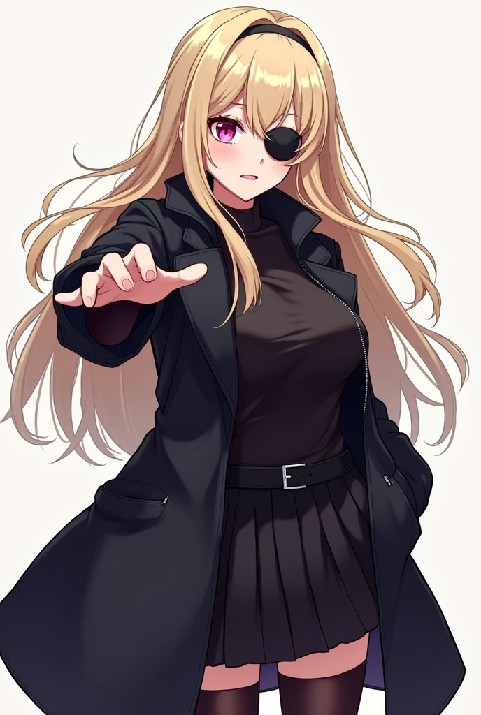 a cartoon image of a woman in boots, vector art by Ei-Q, pixiv, shin hanga, full_body!!, !!full body portrait!!, full body!!, anime moe artstyle, gapmoe yandere grimdark, full body!, anime vtuber full body model　beige hair with an eyepatch 　black coat with front zipper closed, long hair　　He is extending his left hand forward.