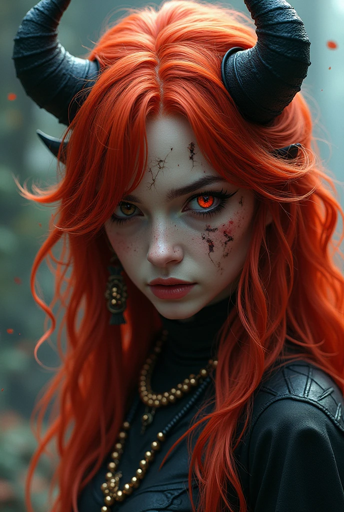 A red-haired female character, half demon, missing an eye and half of her ear injured with many hairpins