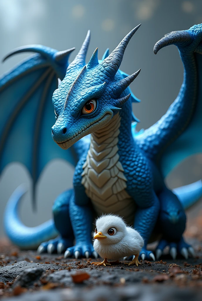 Make a dragon with blue scales, four legged, a pair of wings and a chick. Don&#39;t make a cute drawing 