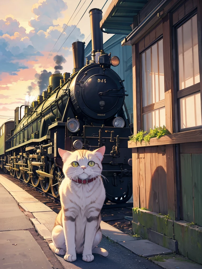 Anime illustration、Cats are standing、Mr.々Na Cat、Cute cat、high quality、masterpiece、In the background、Big steam locomotive D51.It's releasing steam.、The cats are riding on the roof of the locomotive、2 books for hands and 2 books for feet、Eye Color: Blue、Light brown、black、The sky is clear、blue sky、Pampas grass is growing、Famous illustrator drawings、high resolution、Cat's Tail1A cat with a book on it sits on the roof of a locomotive、Red and blue collar、