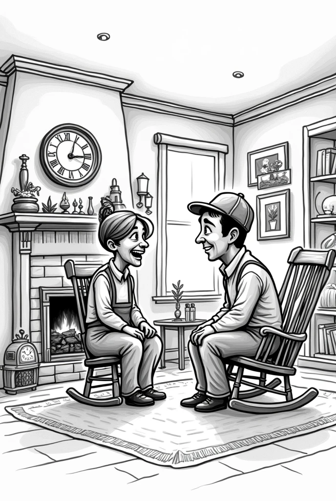 Create a black and white drawing type image ,that doesn&#39;t look realistic , about a farmer and his wife sitting in the living room of their house , as if they were having a conversation. the mouth to the man and the woman as if they were talking. Add more things to the room 