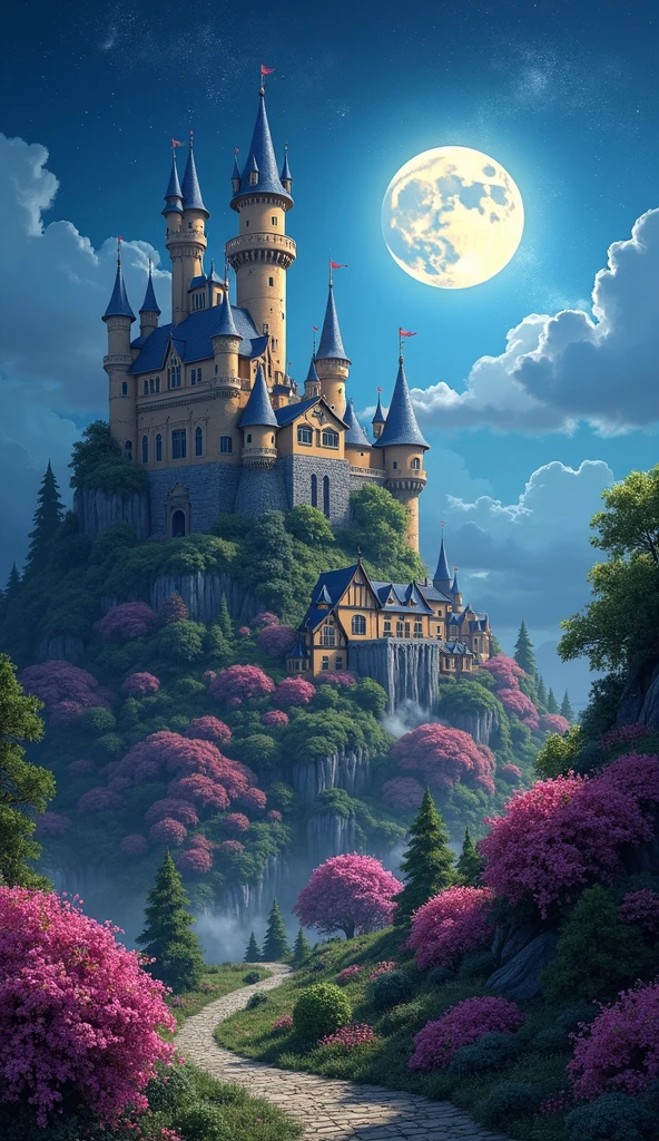 Create a kingdom too big with a castle and its village, filled with flowers everywhere, on the walls, Shrubs, Houses, everywhere, and that it is night with a full moon.