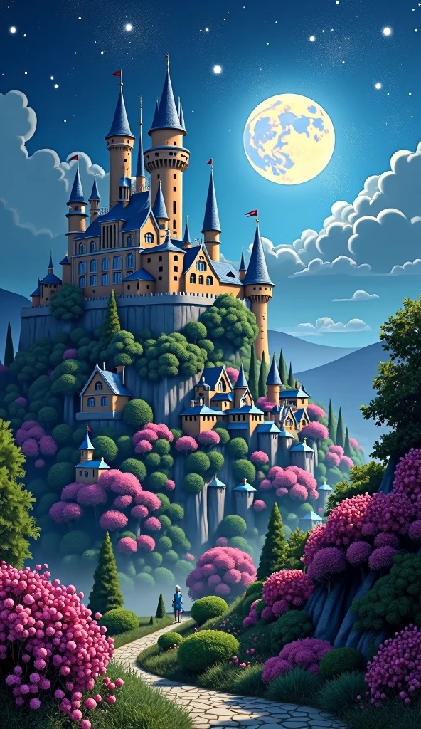 Create a kingdom too big with a castle and its village, filled with flowers everywhere, on the walls, Shrubs, Houses, everywhere, and that it is night with a full moon.