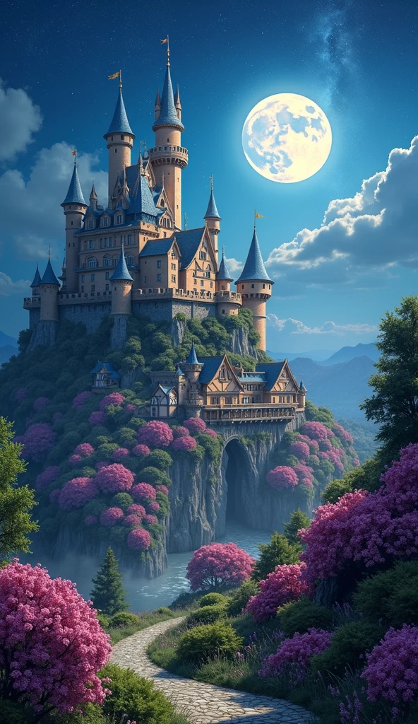 Create a kingdom too big with a castle and its village, filled with flowers everywhere, on the walls, Shrubs, Houses, everywhere, and that it is night with a full moon.