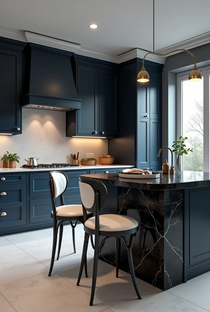 Professional 3d architecture rendering design of modern kitchen with So dark blue vintage and dark gray and white modern white French design chairs shiny black marble island island