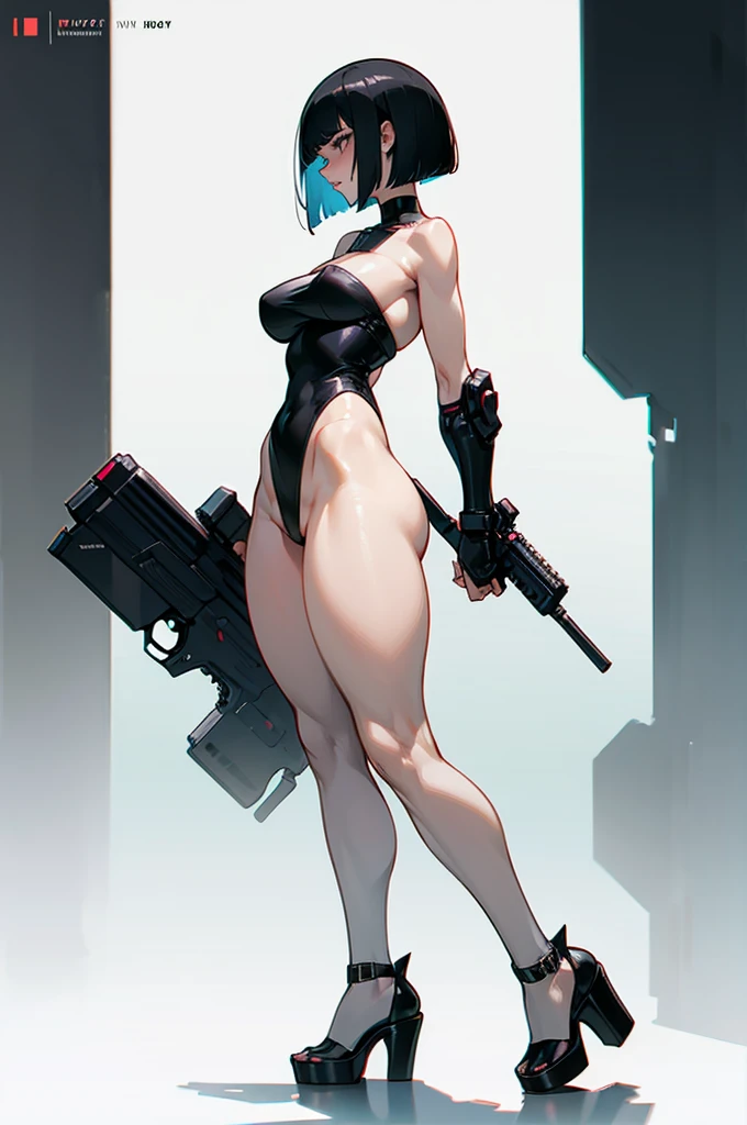 thick hips, thick thighs, platform heels, high cut leotard, bandeau top, huge breast, thin waist, bob cut hair, pale skin, gun, angry look, scream, thick body, tight stockings, front profile back, cyberpunk,