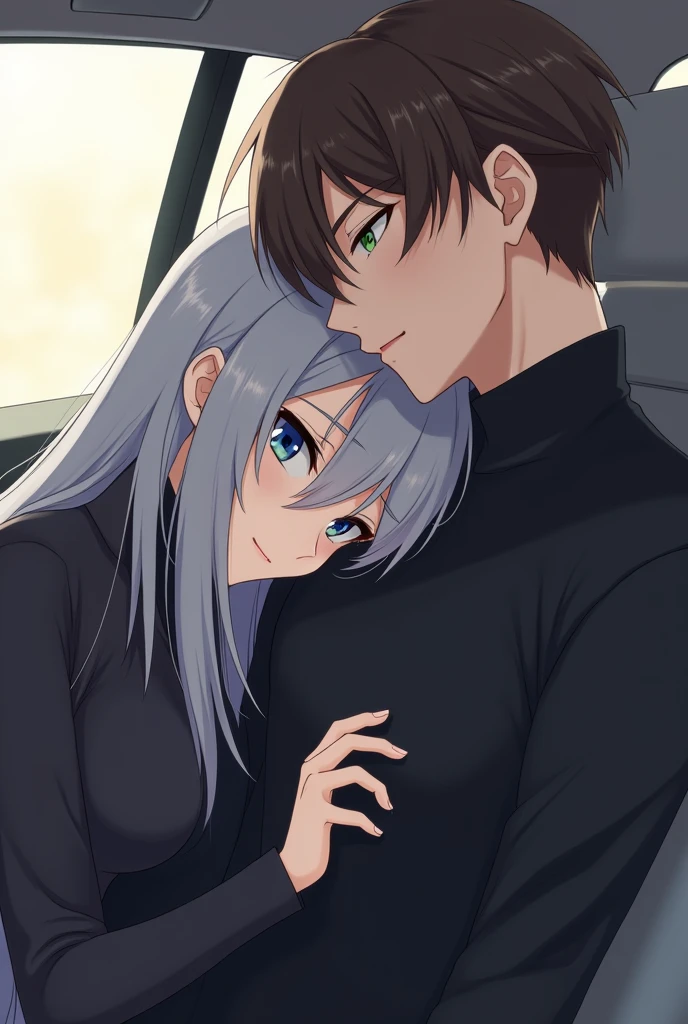 A 1 anime girl with long gray hair and blue eyes in black clothes is sitting in a car sleeping and resting her head on the chest of a 2 young man with brown hair and green eyes and sharp and serious features. 