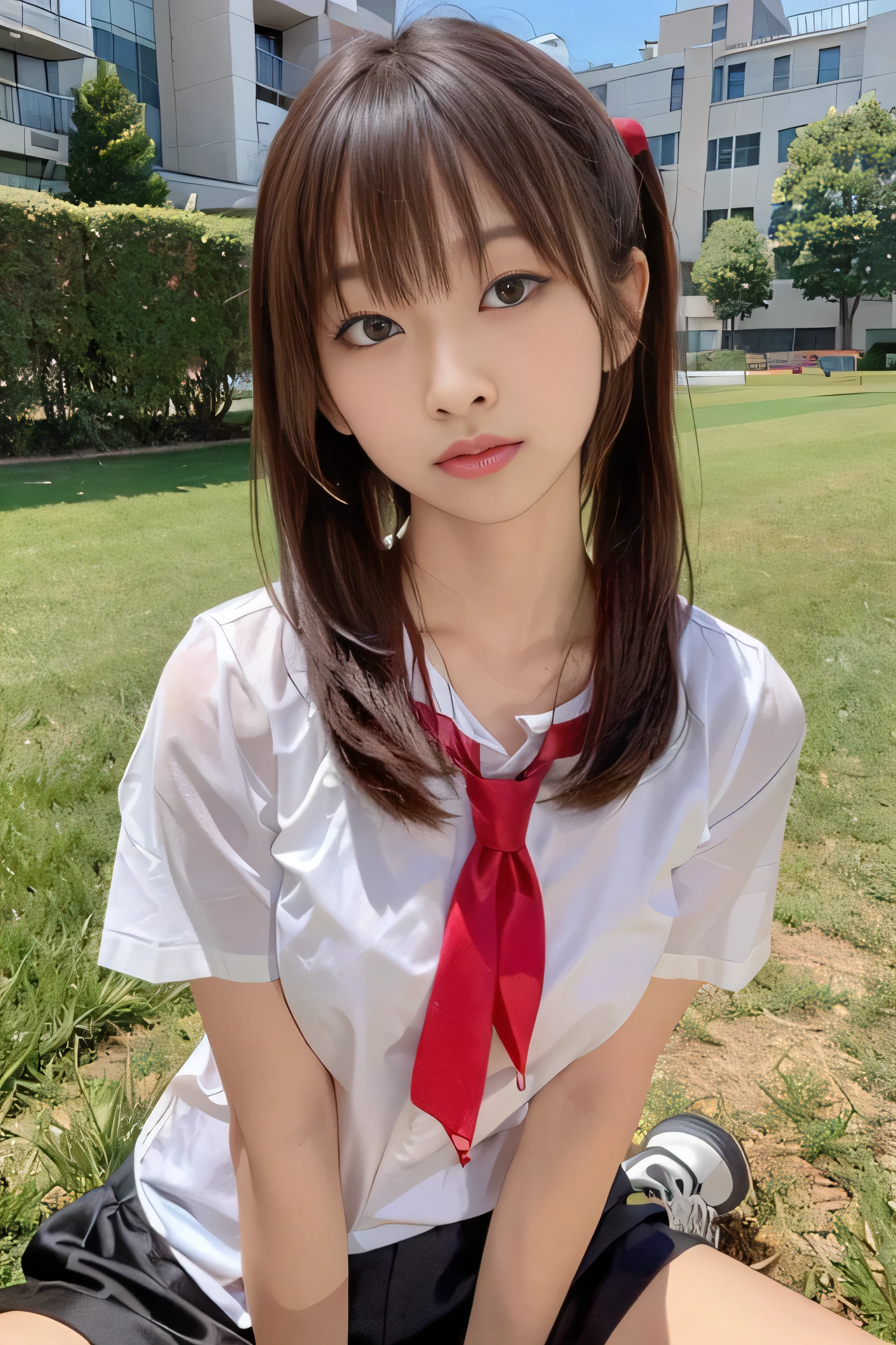 (8k、RAW Photos、Best image quality、masterpiece:1.2)、(Genuine、Photo Genuine:1.37)、Very detailed、Ultra-high resolution、girl、1 person、Eyes that stare at the viewer、Beautiful face in every detail、Lol顔、narrow、 (Narrow waist) :1.3)、Thick and beautiful skin、Skin Texture、Flowing Hair、The whole human body、Twin tails、Braiding、High School の、High Sch(((ＢCup Chest)))、(((I&#39;Meter thin)))、(((Small breasts)))、(((Looking into the camera)))、((((Serious Eyes)))、(((Add highlights to the eyes)))、(((Looking into the camera)))、幸せそうにLol顔,Perfect Makeup,Lol顔,
(((極上のLol顔)))、(((最高のLol顔)))、(((はじけるLol顔)))、(((Perfect.（Lol）)))、

(Long black hair、わいいLol顔、espadrilles、High School Lawn Ground