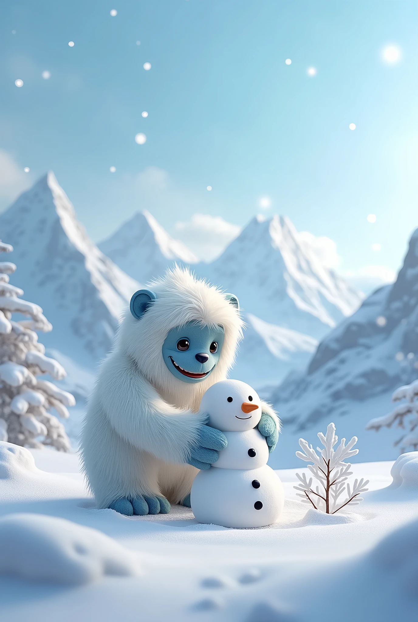 felt material、The best atmosphere、Highest quality、Supremely detailed、8k、Snow Mountain、Yeti building a snowman、cute yeti、Snow Scene