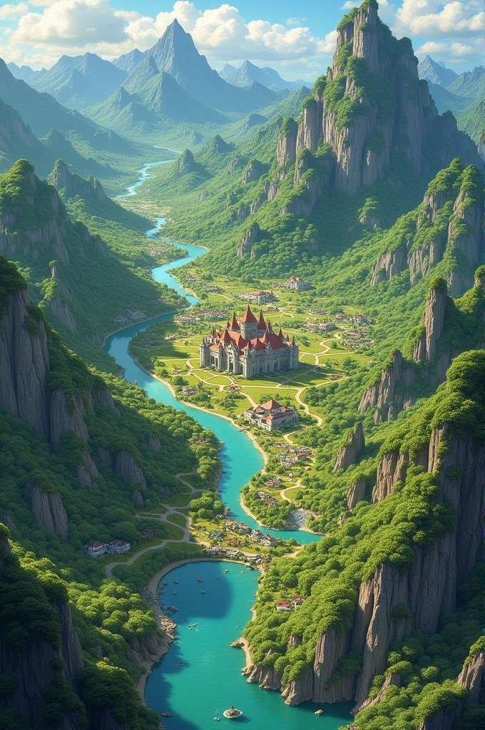 Make a map In the world, the Kingdom of Regalia is a country located in the middle of a fertile valley and surrounded by green mountains. The kingdom is famous for the beauty of its magnificent gardens, which are filled with different types of magical flowers and rare plants.