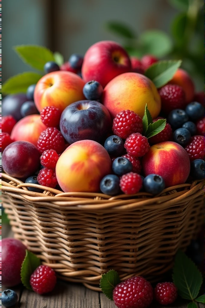 **A close-up of a basket filled with juicy, ripe fruits.**