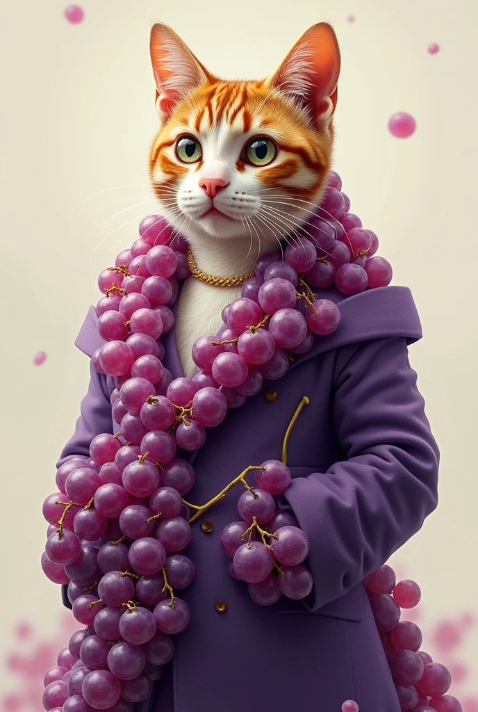 The cat has a suit made of grapes.