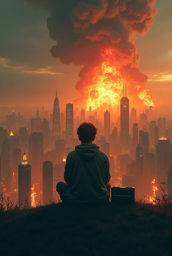 person sitting on a hill watching the city that has tall buildings being destroyed with fire and bombs while holding an old music player waiting for its end