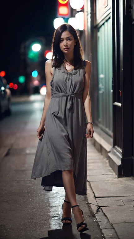 (8k, RAW photos, best quality, masterpiece: 1.2), (realistic, photorealistic: 1.37), City nightlife scene, dark street, radio city, Brazilian women, ((Long grey cotton dress that clings to the body and covers the whole body)), tired expression, long legs, high heel, upper body