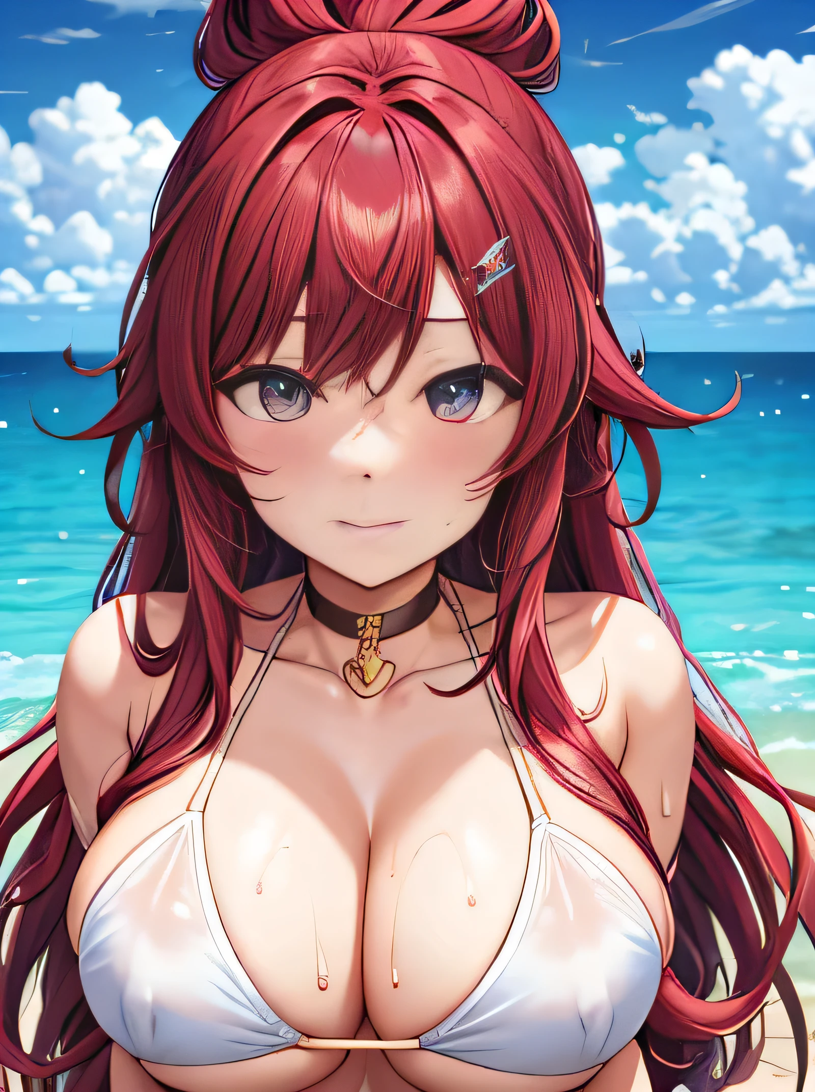 ((massive boob)), cleavage, chubby, big butt, see through bikini, sweaty, cute face, small face, summer, long hair, red hair, pony tail, girl, sweaty, blue ocean, blue sky