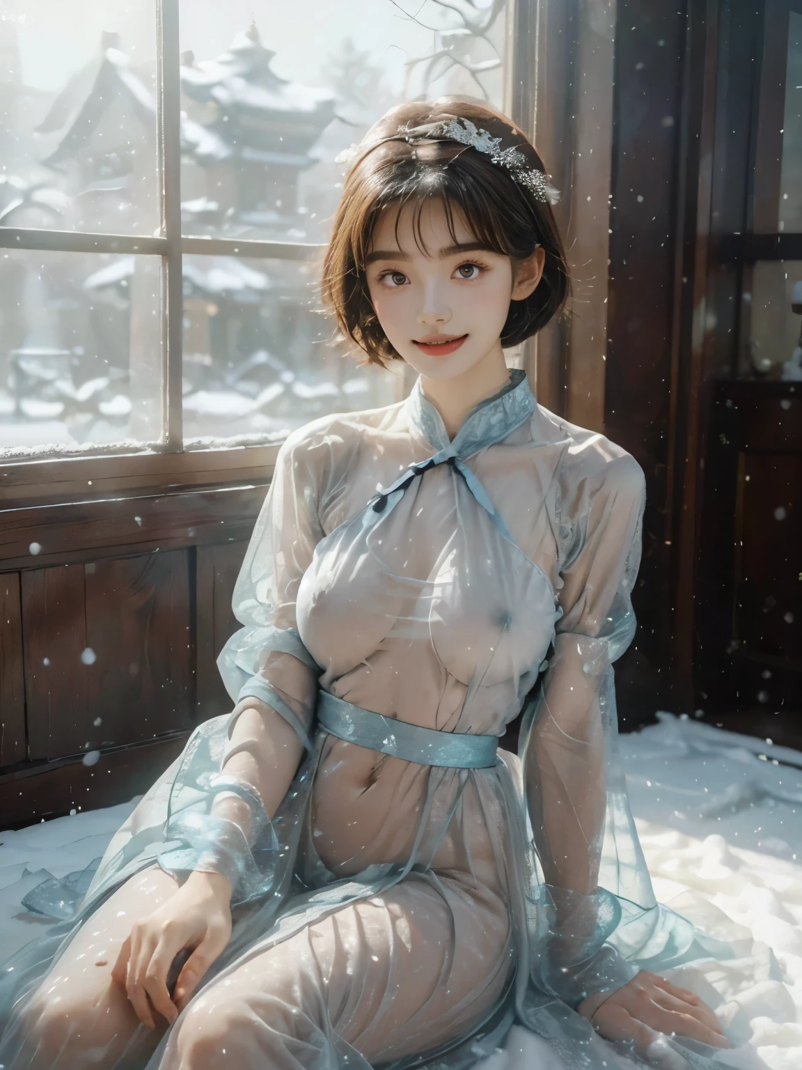 (The background is covered with heavy snow，Blizzard，Without sunlight，Gray atmosphere:1.2)，Extreme Clarity，A beautiful，Sexy，High Detail，8K resolution，Clear eyes，Smile，(Brown short hair)，Perfect facial features，(Wooden window frames)，（Wearing Miao headdress），(emphasize，Wearing a transparent cheongsam，Thin material，chiffon，Light blue transparent:1.5），Hanfu,individual，full-body shot