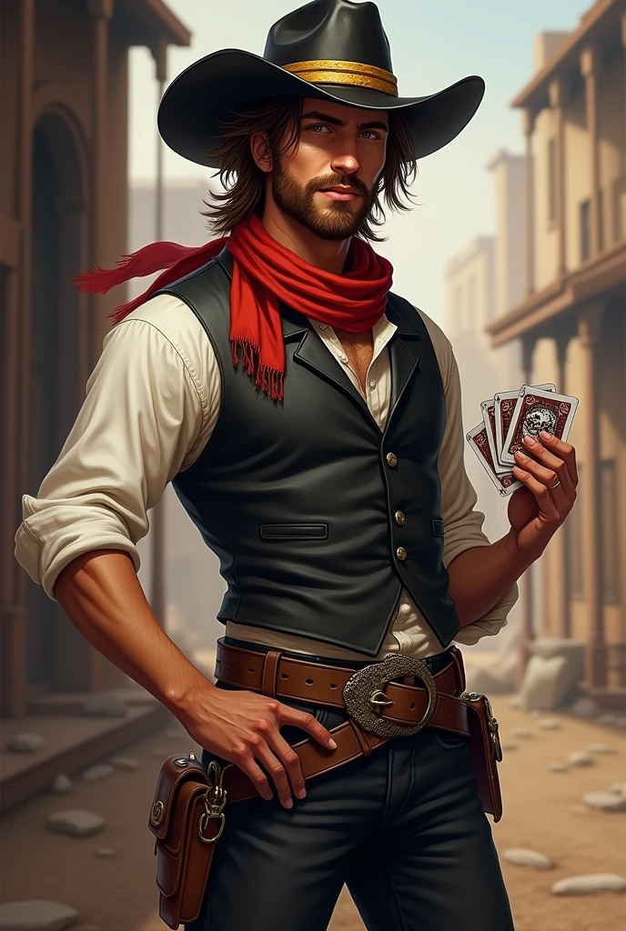 man, brown skin, chestnut hair,
He has a long messy hairstyle, with a white streak in his hair,
brown eyes, and a short, well-groomed beard.
He has a normal physique, wears a black cowboy hat with a yellow band on it.,
He wears a black vest over a rolled-up white dress shirt, a red scarf around his neck, pants with a buckle, and boots with spurs. He is cheerful and well-liked, and he carries two decks of cards with him I would like it to be in a mature style, with the art in a fantasy and RPG style set in the Old West. in 1857
